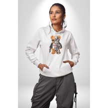 Robot Ayı Güneş Gözlüğü Kadın Erkek Beyaz Kapüşonlu Sweatshirt Hoodie Beyaz
