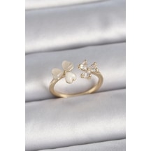 Pirinç Gold Renk Ayarlanabilir Zirkon Taşlı Kalp Beyaz Mineli Model Kadın Yüzük Çok Renkli