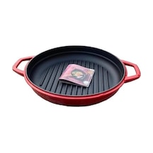 Hosse 28 Cm Yuvarlak Demir Döküm Grill Tava Çift Kulplu Kırmızı Çok Renkli
