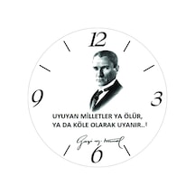 Atatürk Uyuyan Milletler İmza Beyaz Zemin Çap 30cm Sessiz Akar Bombeli Gerçek Cam Duvar Saati Beyaz