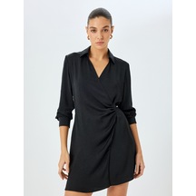 Koton Uzun Kollu Drape Detaylı Mini Boy Kruvaze Gömlek Elbise Siyah 5sak80005pw Siyah