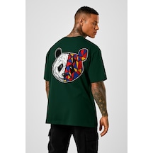 Panda Baskılı Oversize Siyah T-shirt Yeşil