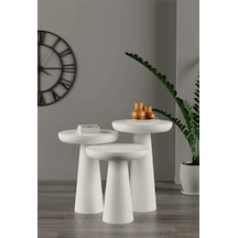 Wood Wooden Mat Beyaz 3 Lü Set Mantar Yan Sehpa Fiskos Çiçeklik Decorative Beyaz