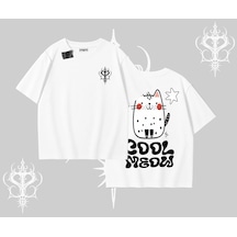 Tarzsokak Cool Meow Yazılı Sevimli Kedi Arka Baskılı Oversize Tshirt Beyaz