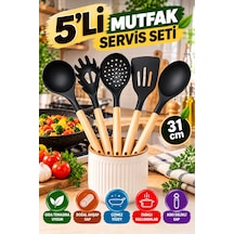 5'li Mutfak Servis Seti Ahşap Saplı 31 Cm Kepçe Kevgir Spatula Makarna Ve Servis Kaşığı Mutfak Seti