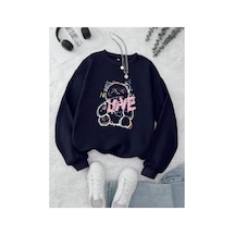 Herkesemoda Love Ayı Baskılı 2 İplik Şardonlu Bisiklet Yaka Sweatshirt Lacivert