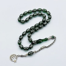 Yeşil Renkte 925 Ayar Gümüş İşlemeli Sıkma Ateş Kehribar Tesbih