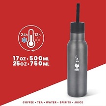 Bialetti - Termal Şişe - 500ml - Koyu Gri Renk - Paslanmaz Çelik - Çift Katmanlı - 12 Saat Sıcak 24 Saat Soğuk Tutar - Hava Geçirmez Vidalı Kapak Özelliği - Özel Silikon Conta Sayesinde Sızdırmaz Şişe Açık Beyaz