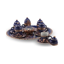 Lacivert Gül Çiçek Bakır Kahve Takımı