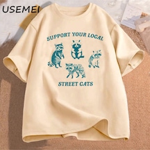 Flood Of Style Yerel Sokak Kediler Destek Erkek T-shirtü Rahat Pamuk Kısa Kollu Tshirt Erkek Boy Grafik Tees Haki