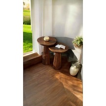 Masif Doğal Ahşap Yan Sehpa Takımı 2 Li Ceviz Zigon Ve Fiskos