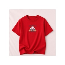 Herkesemoda Magnolia Springs Baskı Detaylı Kadın Bisiklet Yaka Pamuklu T-shirt Kırmızı