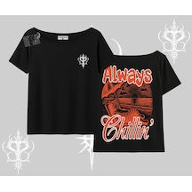 Tarzsokak Always Chillin Kedi Arka Baskılı Kayık Yaka Tshirt Siyah