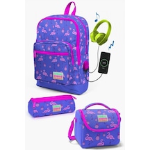 Coral High Kids Lavanta Pembe Flamingo Desenli Usb'li 3'lü Okul Çanta Seti - Kız Çocuk Çok Renkli