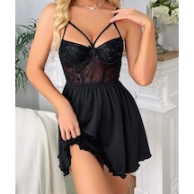 Ang Butik Kadın Siyah Dantel İşlemeli Göğüs İp Detaylı Saten Gecelik Takımı