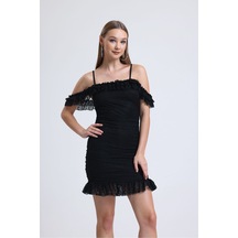 Dantelden İnce Askılı Straples Eteği Ve Yakası Fırfırlı Elbise Siyah