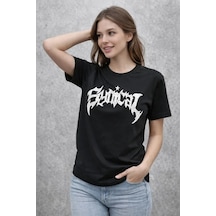 Baskılı Kadın Siyah Bisiklet Yaka Ön Kısa Kollu Streetwear Günlük