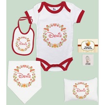 Bk Kids Kişiye Özel İsimli 6 Parça Kırmızı Bebek Body Zıbın Battaniye Ve Yastık Hediye Seti, Yeni Doğan Bebek Giyim Hediyesi-8