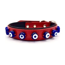 Hakiki Deri Nazar Boncuklu Köpek Tasması Kırımızı 56 CM x2.5 CM Haki