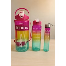 Sports Renkli Akrilik Spor 3lü Motivasyon Suluk Matara 3adet 2000ml 900ml 350ml Koyu Pembe