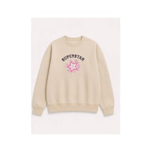 Herkesemoda Süperstar Baskılı 2 İplik Şardonlu Bisiklet Yaka Sweatshirt Bej