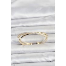 Pirinç Gold Renk Zirkon Taşlı Ve Dorika Model Kadın Bileklik Gümüş