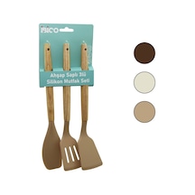 İbico İ22-010 Mutfak Seti 30cm 3 Adet Ahşap Klasik Spatula Bambu Saplı Renkli Silikon Yan - 12'li Paket Diğer