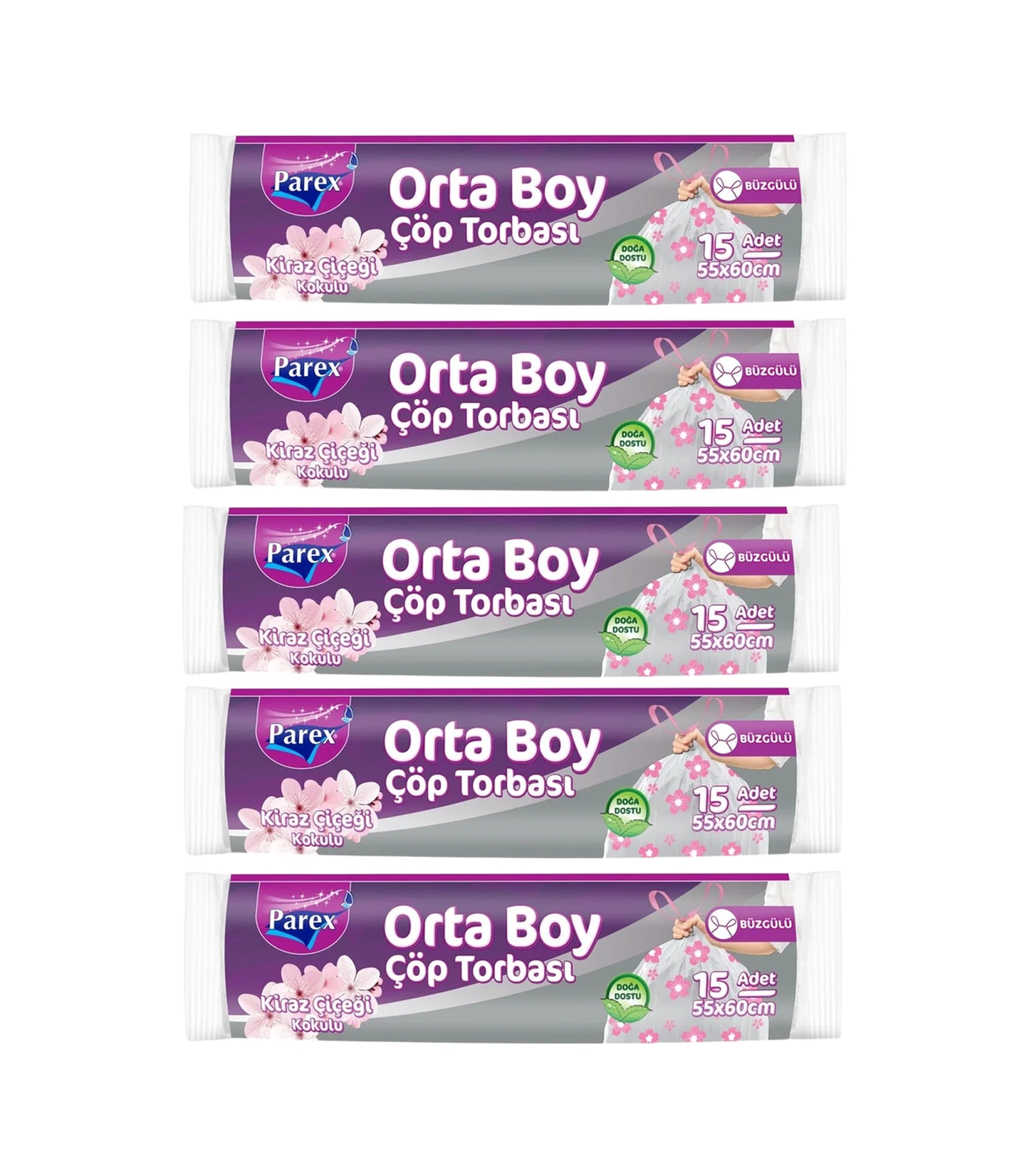 Büzgülü Çöp Torbası Kiraz Çiçeği Kokulu 15'li Orta Boy 55 X 60 Cm Beşli Paket