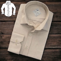 Linen Keten Klasik %100 Cotton Uzun Kollu Terletmeyen Tek Cepli Kapaklı Krem Gömlek Regular Kalıp -10238 Krem