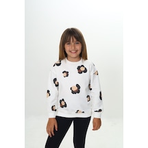 Toontoy Kız Çocuk Relax Fit Bisiklet Yaka Düşük Omuz Baskılı Sweatshirt - 2 İplik Ekru