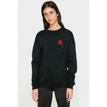 Silhouette Red Rose Kırımızı Gül Baskılı Siyah Kadın Sweashirt