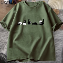 Flood Of Style Beş Ruh Kediler T-shirt Boy Kedi Anne Tee Komik Pamuk Kısa Kollu Kedi Severler T Shirt Erkek Yeşil