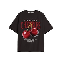 Kalic Studio Unisex Erkek/kadın Cherrıes Özel Baskılı Oversize Pamuklu Bisiklet Yaka T-shirt Siyah