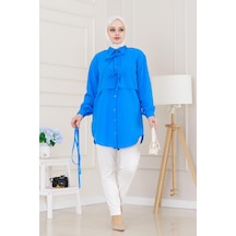 Sevitli Cepken Detaylı Bağlamalı Keten Tunik-mavi-5116 Mavi