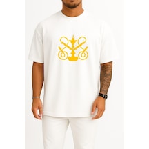 Bahriyeli Collection Oversize Shisha Station Heilbronn Hookah Sticker Göğüs Tasarımlı Unisex T-shirt Beyaz