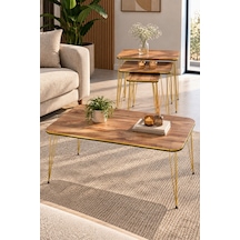 Sulorahome Ceviz Desenli Gold Tel Ayaklı 4'lü Sehpa Seti Ceviz - Altın