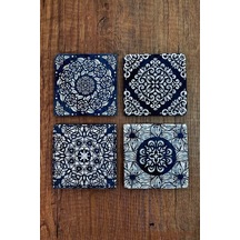 Doğal Taş Bardak Altlığı Tile Desen 10x10cm Stone Coasters 4'lü Set Çok Renkli