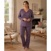 Derya Kadın Büyük Beden Dantel Yaka Bambu Uzun Kol İnce Pijama Takımı 8142l - 1 Adet Lila