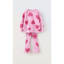 Kız Çocuk Kalp Desenli Pamuklu Sweatshirt Tayt Alt-üst Takım Pembe Renk Açık Pembe