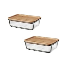 2 Parça Bambu Kapaklı Vakumlu Cam Saklama Kabı 1lt 21x15x7cm Şeffaf