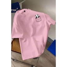 Cepte Panda Baskılı Oversize Unisex Pamuklu Tişört Battal Büyük Beden Tshirt Pembe