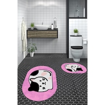 Buççin Online Mağaza 3d Dijital Yıkanabilir Kaymaz Kedi Desen İkili Banyo Halısı Paspas Oval Klozet Takımı Polipropilen P Çok Renkli
