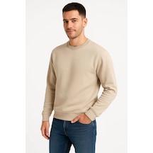 Erkek 3 İplik Pamuklu Düz Bisiklet Yaka Sweatshirt - Bej