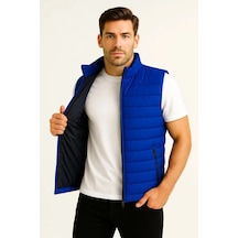 Ertaştrendstore Erkek Şişme Fermuarlı Su İtici Kapitone Astarlı, Cepli Yelek - Saks Mavisi Çoklu Renk
