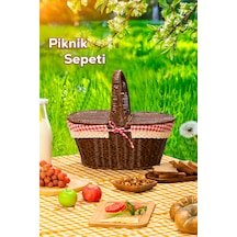 Porsima 2080 Oval Hasır Görünümlü Piknik Sepeti Piknik Çantası 41x35cm Kahve