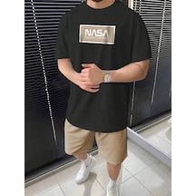 Nasa Summer T-shirt Şort - Siyah Bej Şort Tişört Takım Baskılı Oversize Bisiklet Yaka Siyah Bej-270759