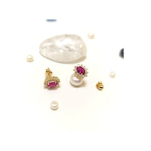 9.9mm Vidalı Oval Kırmızı Tek Taş Küpe 14 Ayar Altın