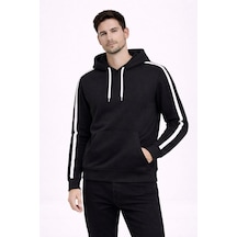 Erkek Şeritli Kapüşonlu Sweatshirt Oversize 3 İplik Pamuklu Hoodei - Siyah