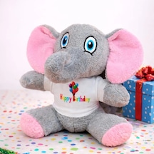 Happy Birthday Tişörtlü Sevimli Peluş Fil Gri