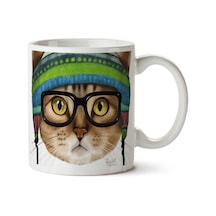 Hipster Kedi Gözlük Bere İki Tarafı Baskılı Kupa Bardak Çok Renkli